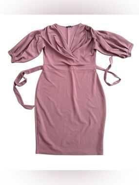 Dusty Rose Boohoo Mauve Wrap Dress Puff Sleeve Tie Waist